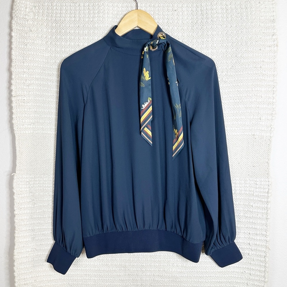 TED BAKER navy blue Mavey scarf tie neck blouse top S